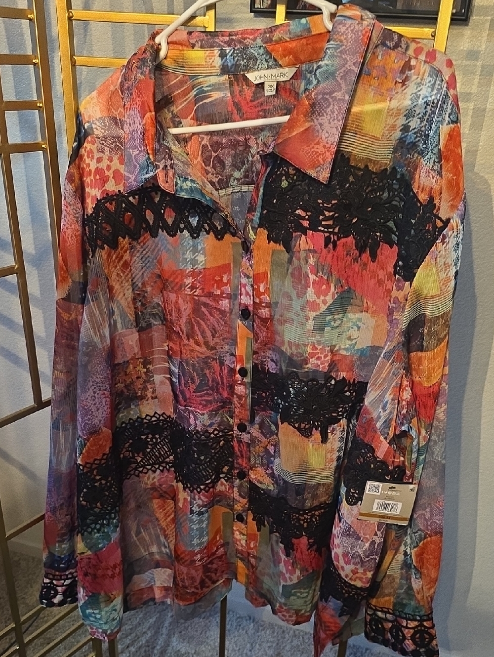 John Mark NWT Size 3X  - sheer multi plaid with lace accents